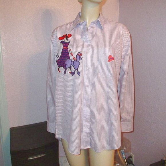 90s Vtg Las Olas Embroidered Poodle Top Size M Red Hat Society Purple Button Up - Picture 1 of 12